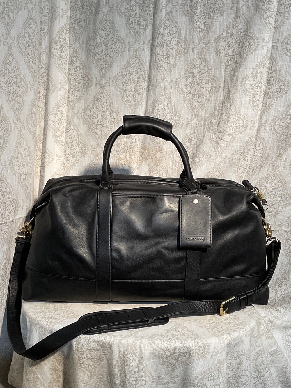 Men’s Coach Black Leather Weekend Duffel with Gold Hardware and Keys